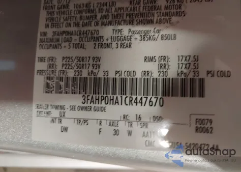 2012 Ford Fusion Se from USA, damaged, VIN 3FAHP0HA1CR447670